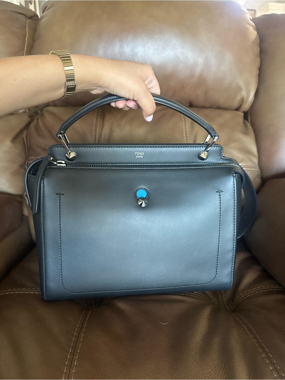 Fendi Black Leather DotCom Top-Handle Bag with Turquoise Accent